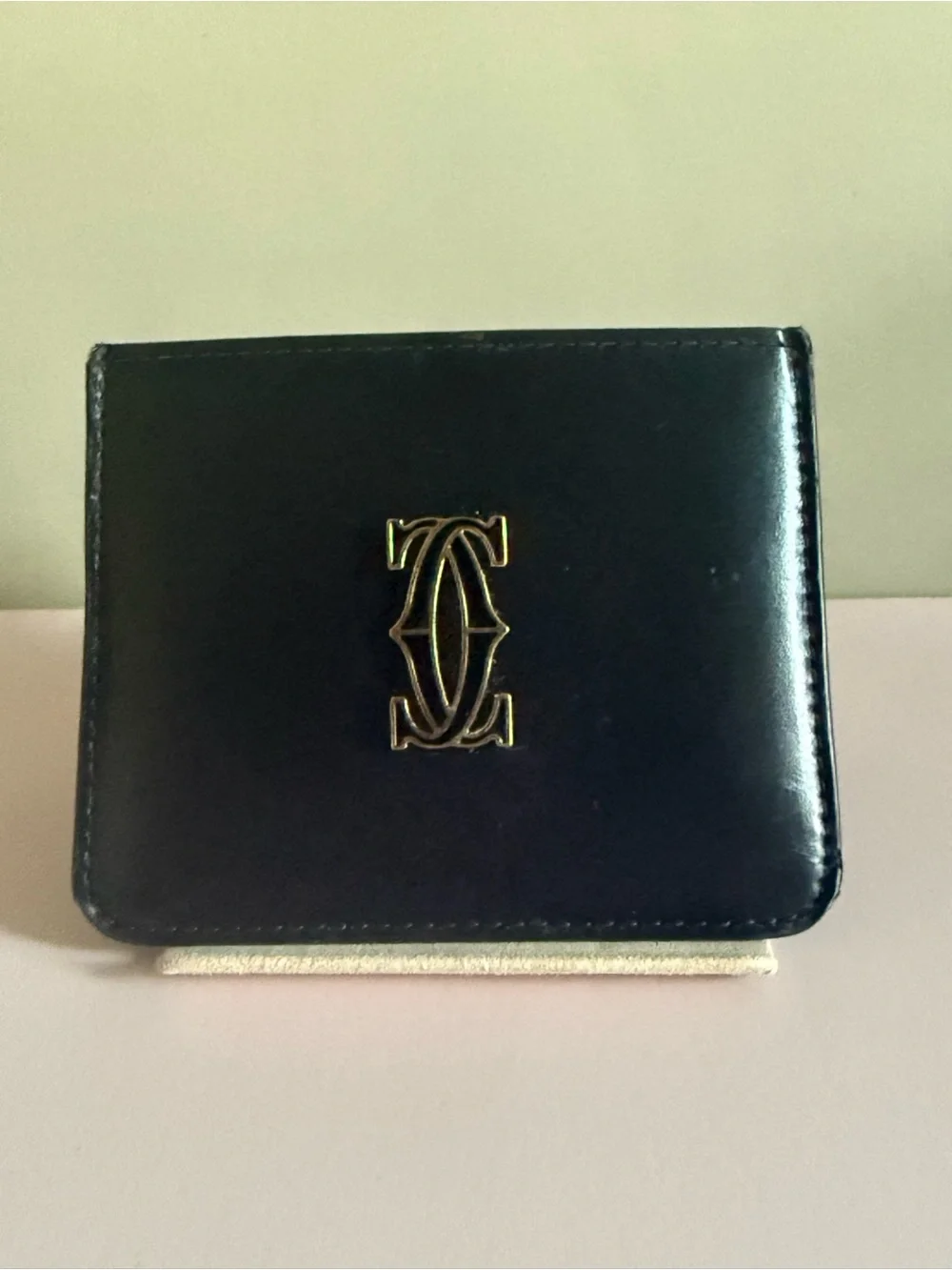 Cartier Black Leather Double C Logo Card Holder Gold Tone